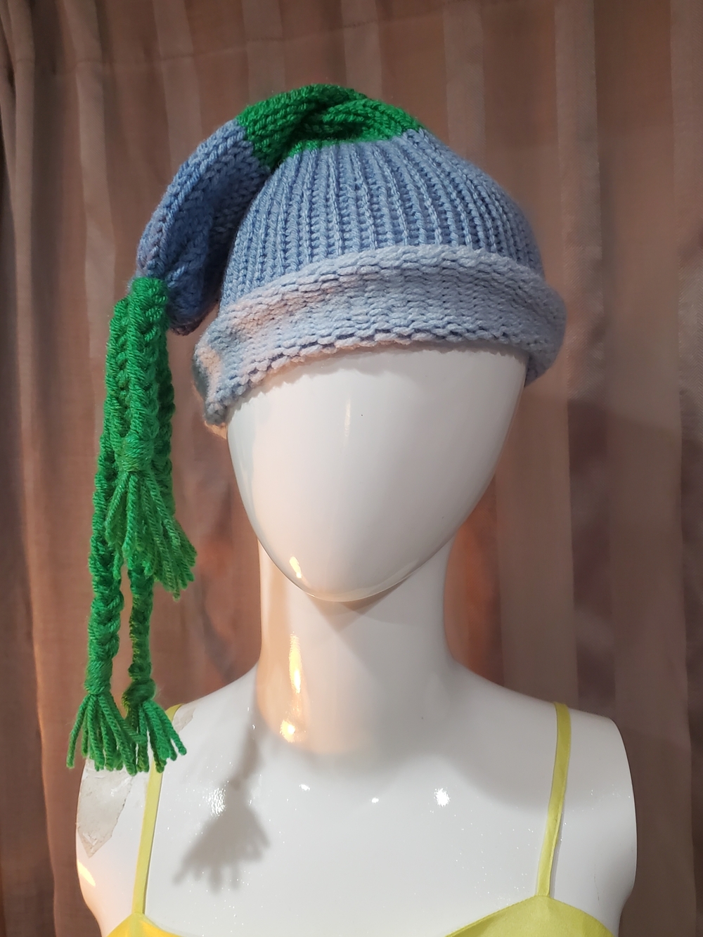 Light Blue Knit Beanie with Green Tassel